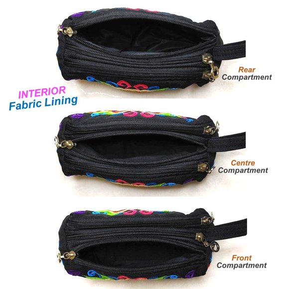 Embroidery Black Wristlet 3-Layer Zipper Geo Floral Fabric Gold Red Pouch Lined - Picture 8 of 10